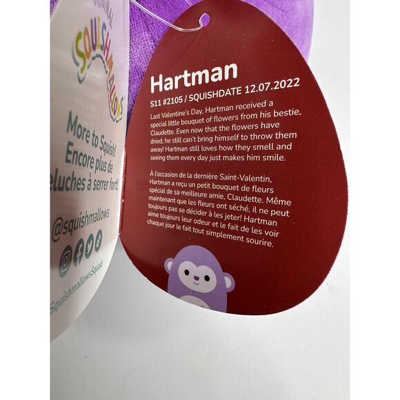 Squishmallows 2024 Valentines Hartman the Purple Monkey 11” - Picture 8 of 9